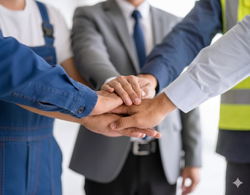 異なる職種の人々がチームワークを示すハンドスタック