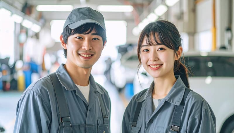 工場で笑顔を見せる作業着姿の男女従業員のイメージ