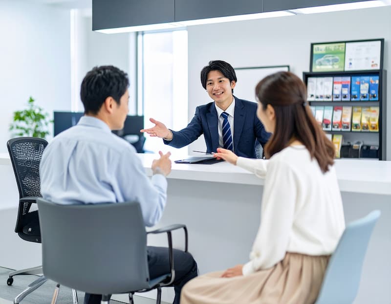 白いデスクで接客をしている営業マンが夫婦に商品説明をしている様子