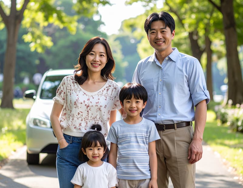 車の前で笑顔を見せる両親と子供2人の地元密着家族